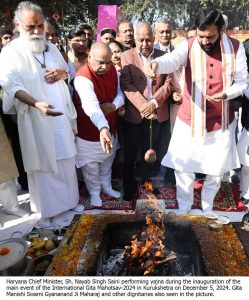 Chandigarh, December 5: In the sacred land of Kurukshetra, where the echoes of the Mahabharata still resonate, Haryana Chief Minister, Sh. Nayab Singh Saini on Thursday formally inaugurated the International Gita Mahotsav (IGM)-2024 organized on the banks of Brahma Sarovar in Kurukshetra. The Chief Minister offered prayers on the holy religious scripture Gita and performed the yajna near Lord Shri Krishna's huge chariot idol located at Purushottampura Bagh amidst chanting of mantras at Brahma Sarovar. Kerala Governor, Sh. Arif Mohammed Khan, Zanzibar Minister for Information, Youth, Culture and Sports, Ms Tabia Maulid Mwita, Gita Manishi Swami Gyananand Ji Maharaj and former Minister of State, Sh. Subhash Sudha also participated in the Gita Yajna. Earlier, all the dignitaries inaugurated the pavilion of Tanzania, the partner country for this year’s International Gita Mahotsav-2024, and explored stalls showcasing the country’s food, lifestyle, and attire. Later, they inaugurated and visited the state-level exhibition organized by the Information, Public Relations, Language, and Culture Department. This exhibition displayed Haryana Government's achievements over the past 10 years through various departmental stalls. Dedicated efforts of State Government has transformed Gita Mahotsav into an International Event, CM On this occasion, the Chief Minister congratulated the people of the state and extended his best wishes for IGM, stating that the dedicated efforts made by the State Government has transformed Gita Mahotsav into an International Event. He said that the IGM was started on November 28 and will continue until December 15, 2024. During this time, the eternal message of the Shrimad Bhagavad Gita will be shared with humanity. The Chief Minister said that this year, the United Republic of Tanzania is the partner country, and Odisha is the partner state for the International Gita Mahotsav-2024. He said that live broadcasts of the IGM are being held at the Shree Jagannath Temple, Puri, Odisha; Shri Banke Bihari Temple, Vrindavan, Uttar Pradesh; Shri Krishna Janmabhoomi Temple in Mathura; Dwarkadhish Temple in Gujarat; Shree Mahakaleshwar Temple, Ujjain; and Thikana Mandir Shri Govind Dev Ji in Jaipur. People can see a glimpse of this rich heritage. Sh Nayab Singh Saini stated that the International Gita Mahotsav has achieved immense success and popularity over the past eight years, since year 2016. Lakhs of people from India and abroad attend the Mahotsav. Last year, approximately 45 to 50 lakh people participated, and a similar turnout is expected this year. He shared that the key highlights of this IGM-2024 will be the global Gita recitation with 18,000 students, cultural programmes by artists from various states to be organized by the Department of Art and Culture, international Gita seminars, a grand aarti at Brahma Sarovar, Deepotsav, cultural programmes at 182 pilgrimage sites along the 48-kos route, and more. IGM has been recognised Worldwide, Swami Gyananand Ji Maharaj Gita Manishi Swami Gyananand Ji Maharaj said that the IGM-2024 began on November 28 with the start of the Saras and Craft Mela. This holy Mahotsav has now made its mark worldwide. Following the tradition of the IGM, Havan Yajnas, Gita Yajnas, and worship at Brahma Sarovar were performed. The IGM has undoubtedly become a celebration for the general public, with people from across the country and abroad now participating in it. Former Minister of State, Sh. Subhash Sudha, said that lakhs of devotees visit IGM every year to enjoy the craftsmanship, culture from various states, and religious programs. Organizing such a Mahotsav is a matter of great fortune. He said that various social and religious institutions from the city are participating in the event. IGM-2024 will continue until December 15 and devotees coming from all spheres will be able to enjoy the evening spiritual and cultural programmes. 